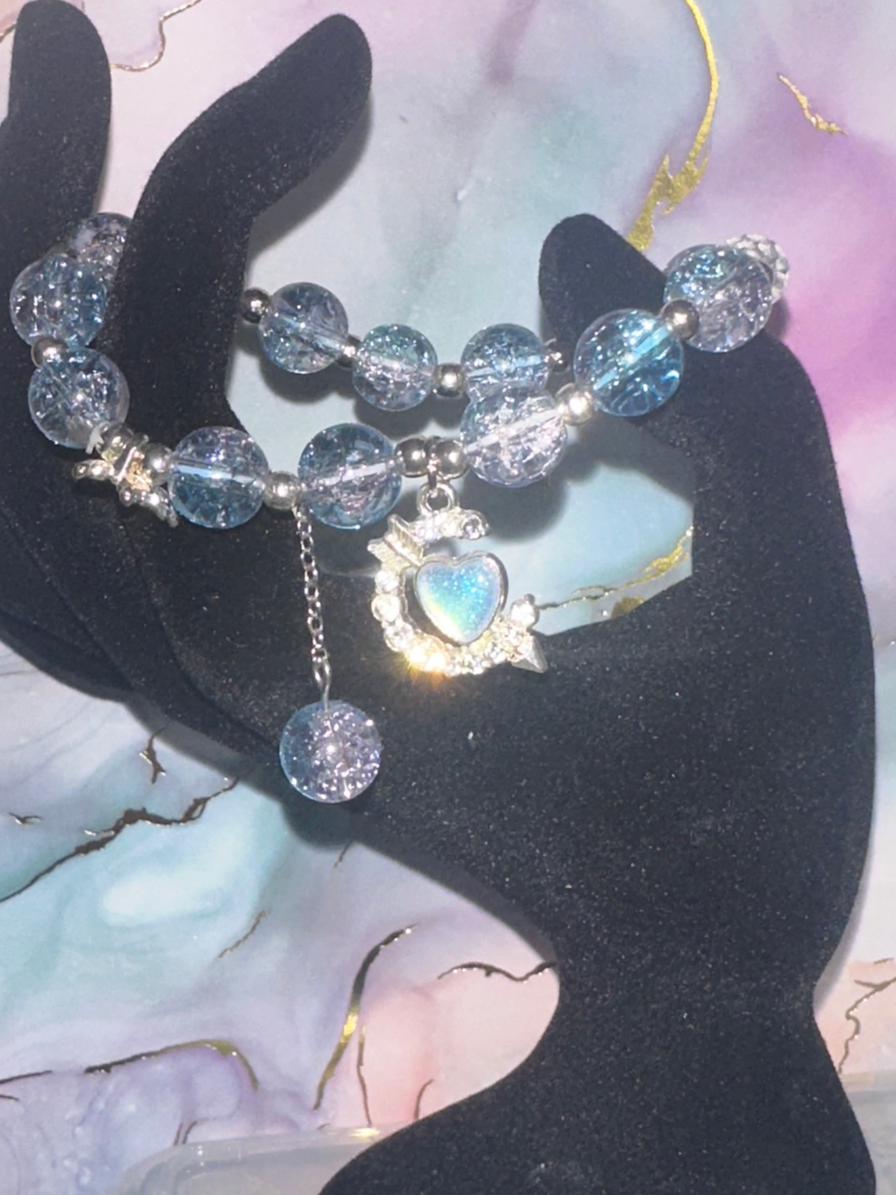 Glass Bead Bracelet with Butterfly and Moon with Heart Charm