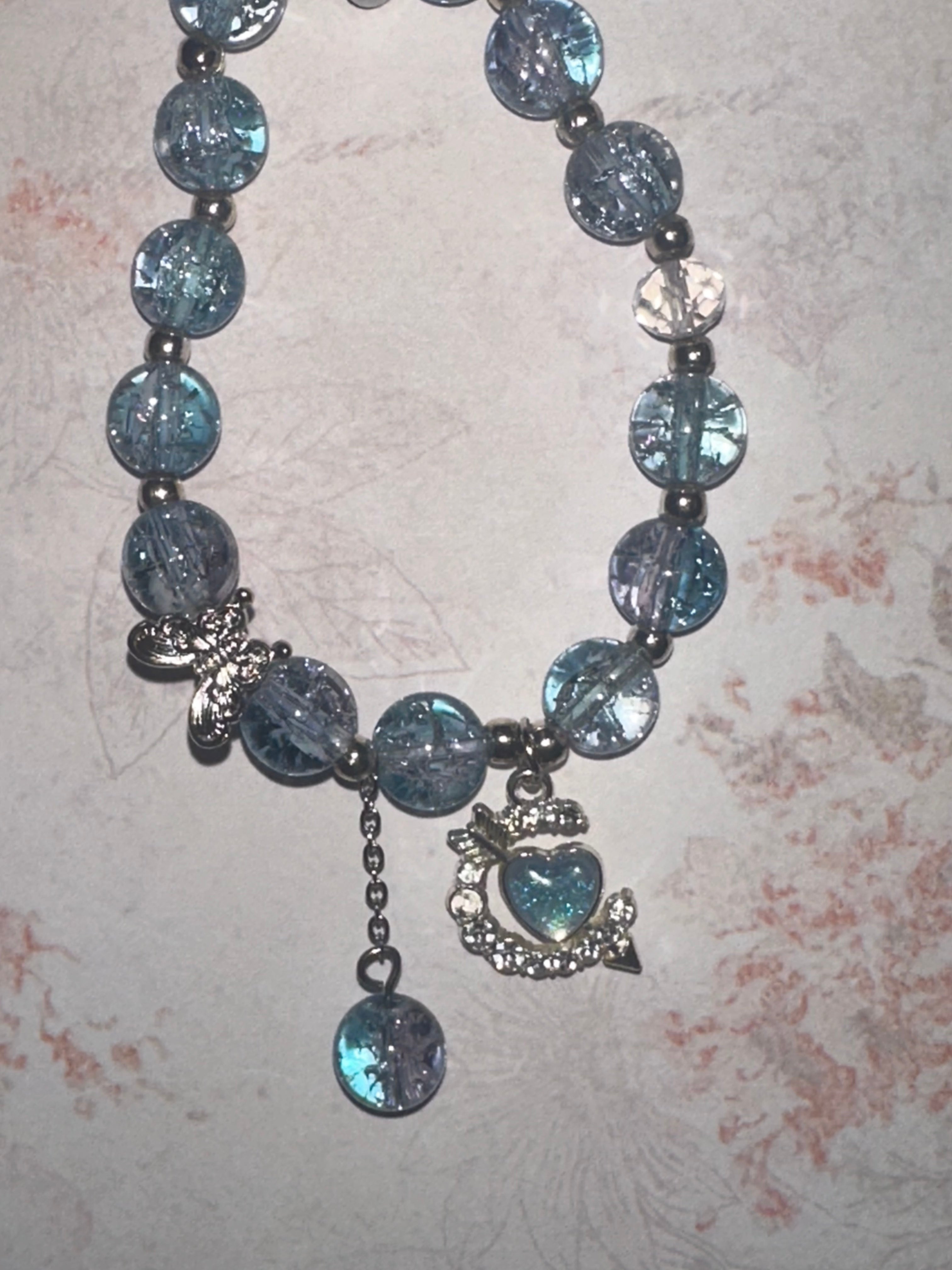 Glass Bead Bracelet with Butterfly and Moon with Heart Charm
