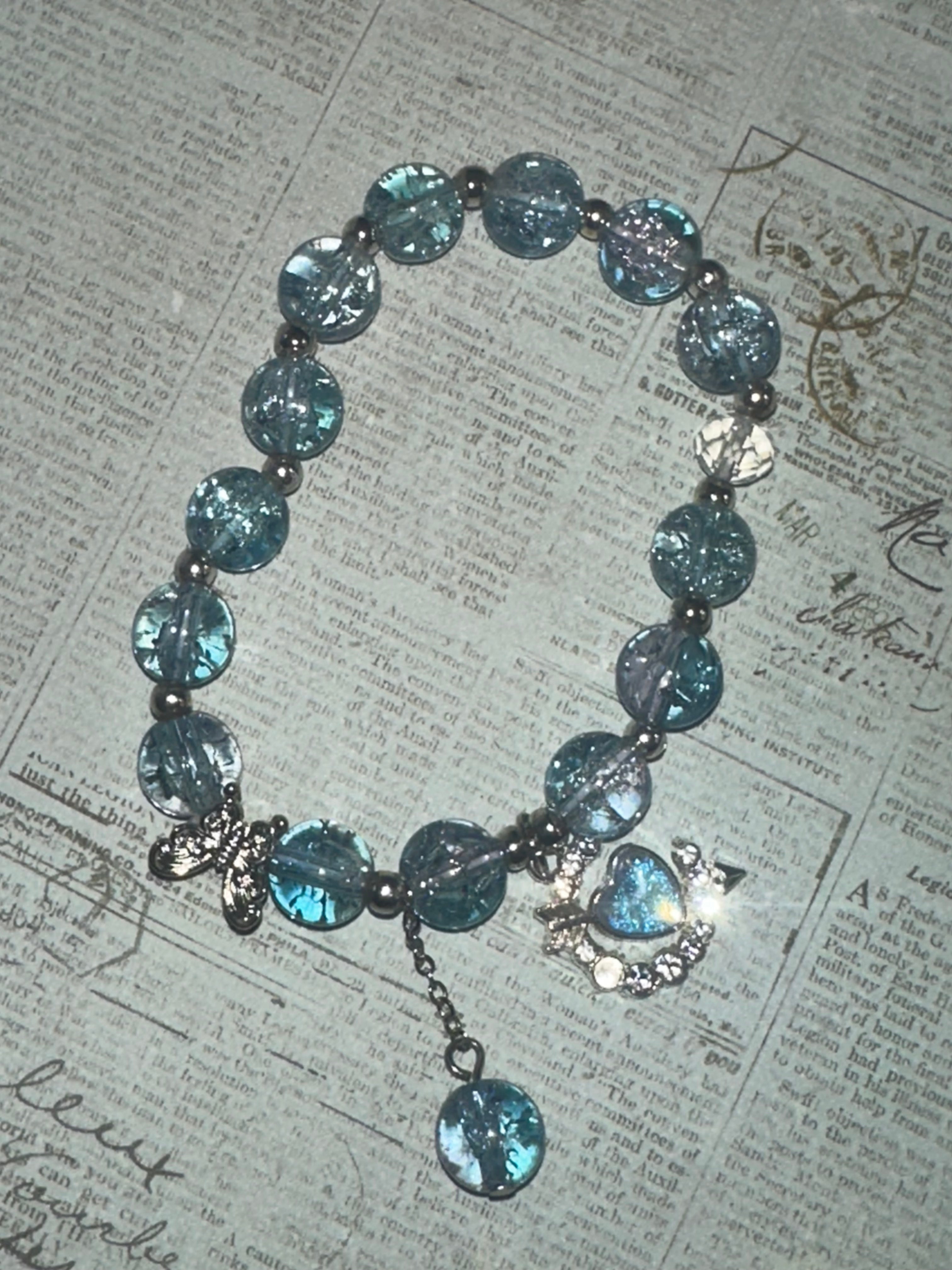 Glass Bead Bracelet with Butterfly and Moon with Heart Charm