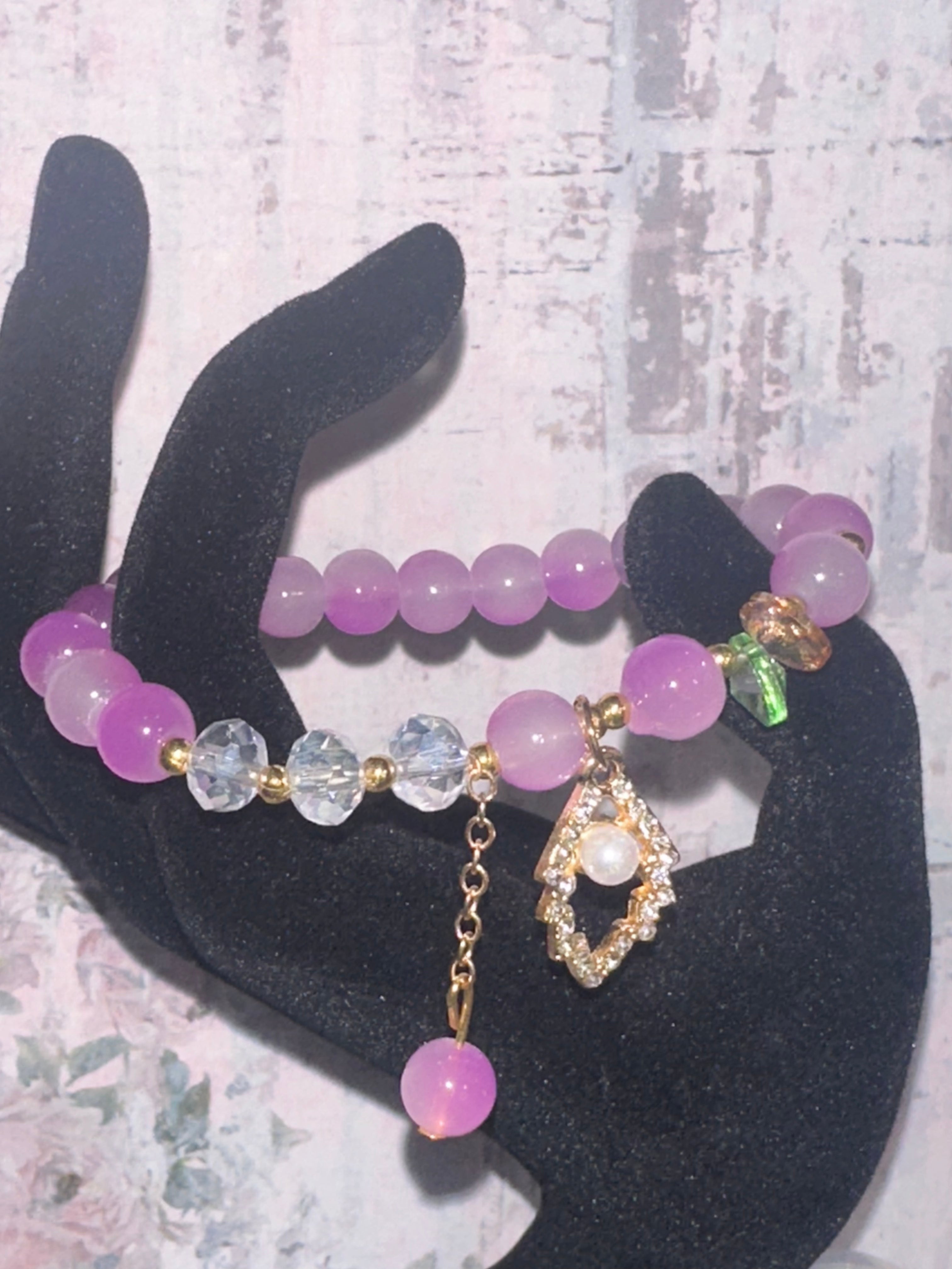 Purple and Bling Glass Bead Bracelet with Charms and Dangles
