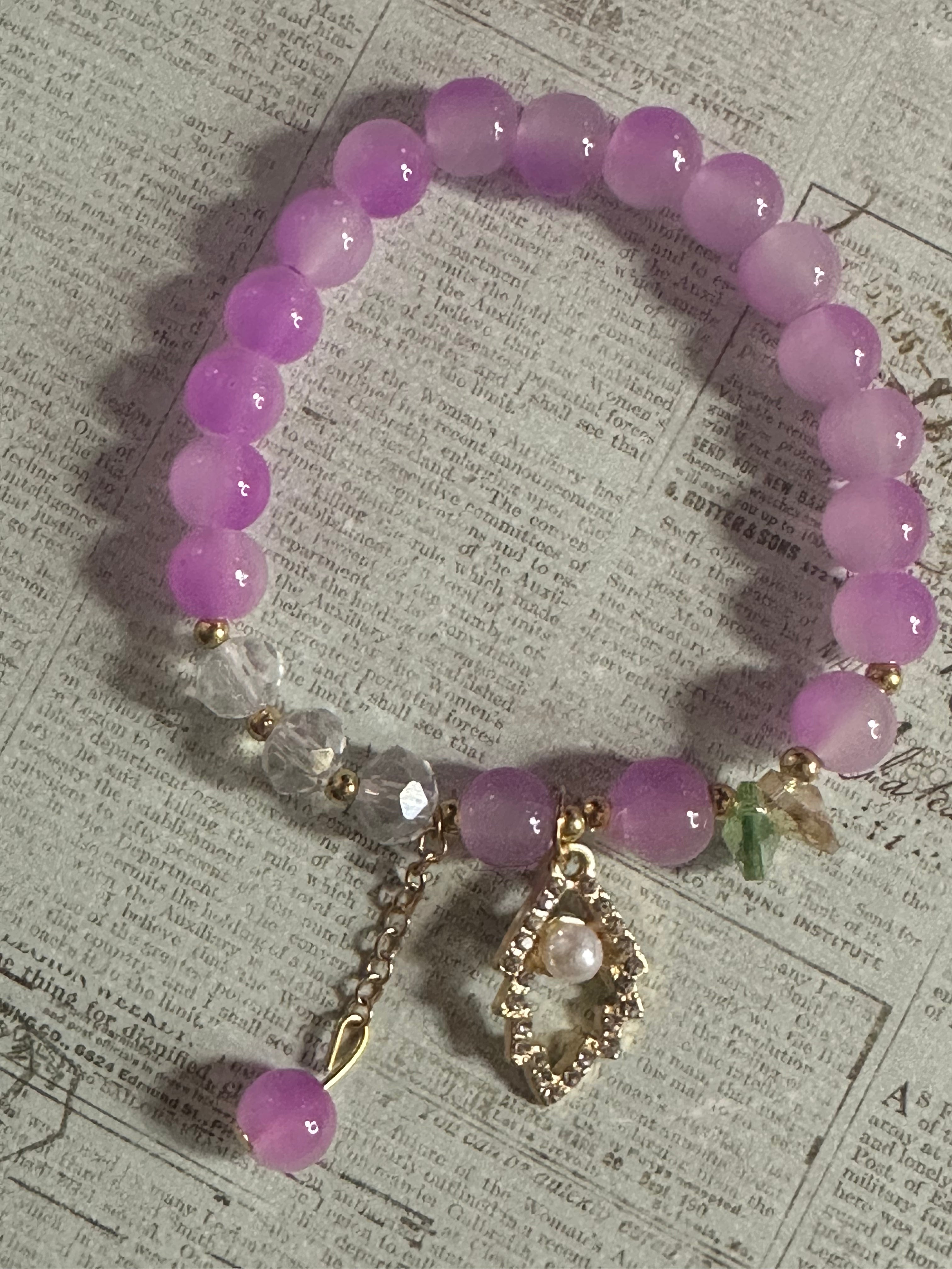 Purple and Bling Glass Bead Bracelet with Charms and Dangles