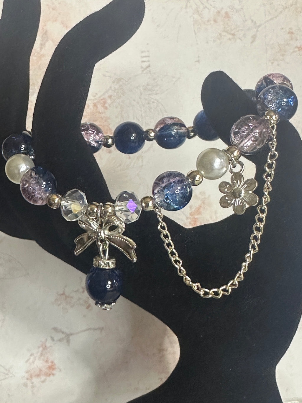 Blue Crackle Glass Bead Bracelet with Dangle and Charm