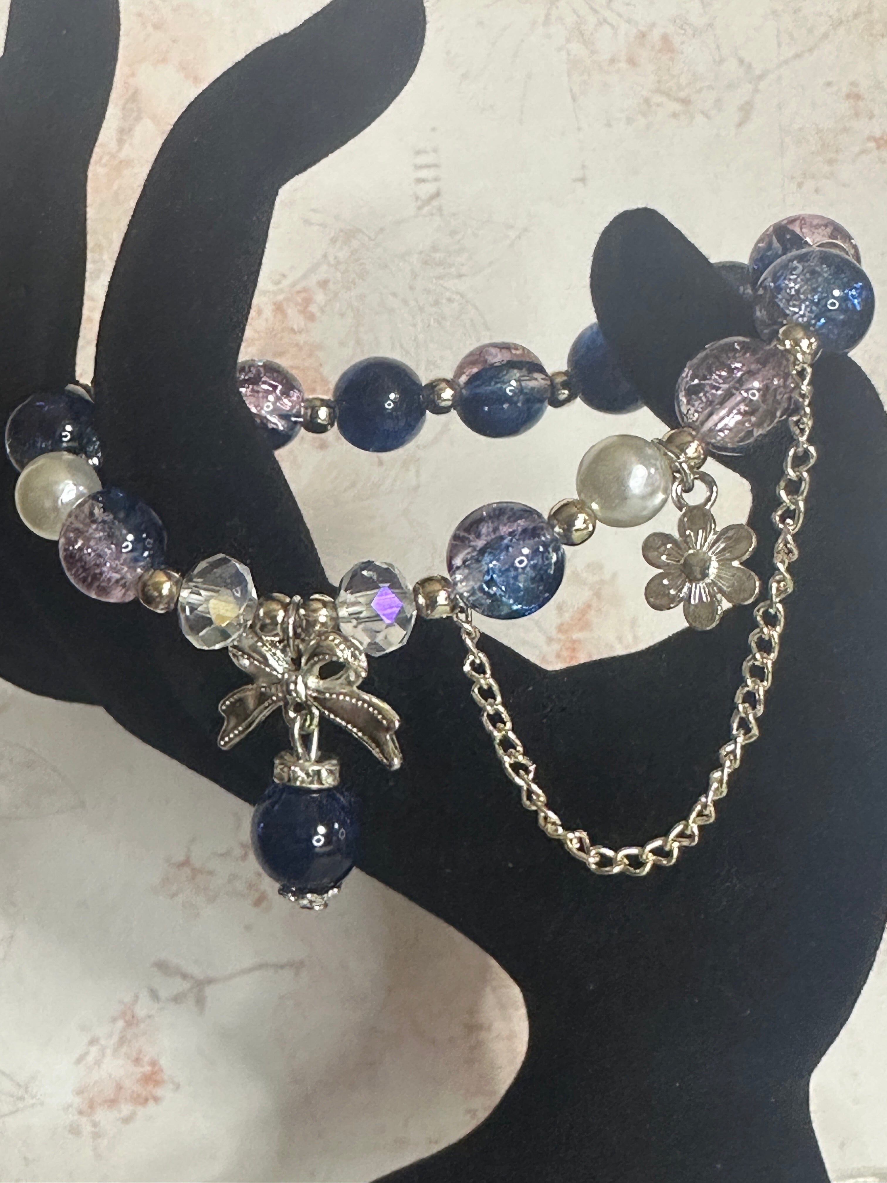 Blue Crackle Glass Bead Bracelet with Dangle and Charm