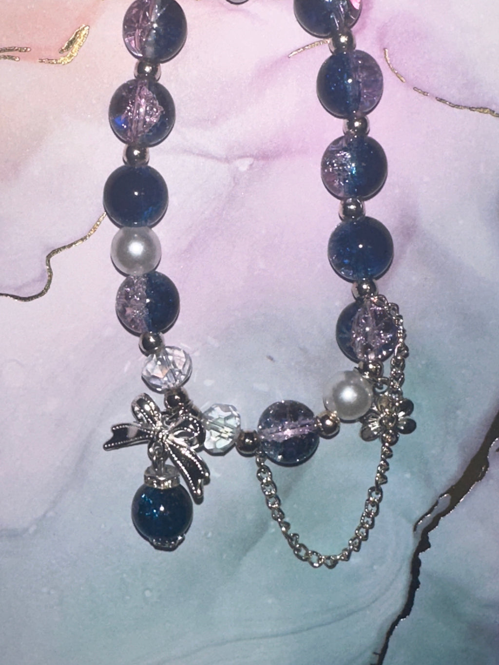 Blue Crackle Glass Bead Bracelet with Dangle and Charm