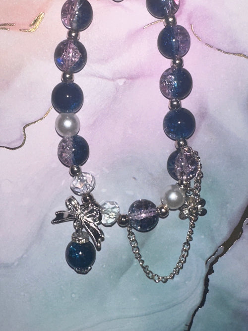 Blue Crackle Glass Bead Bracelet with Dangle and Charm
