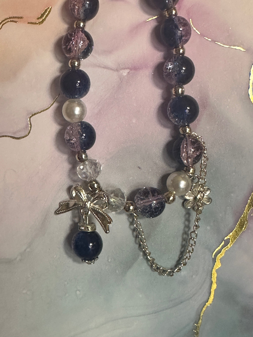 Blue Crackle Glass Bead Bracelet with Dangle and Charm