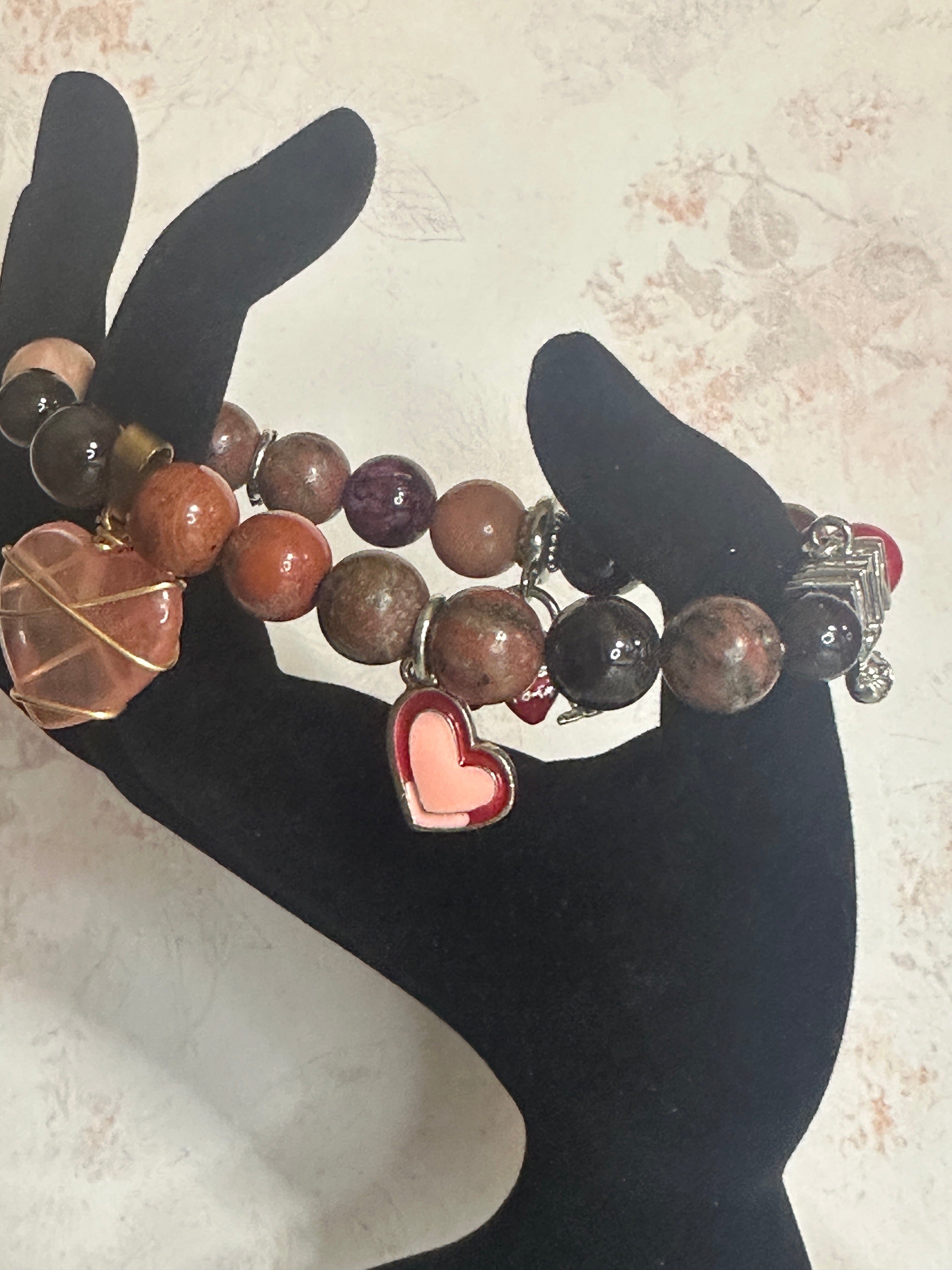 Red and Brown Glass Bead Bracelet with Charms