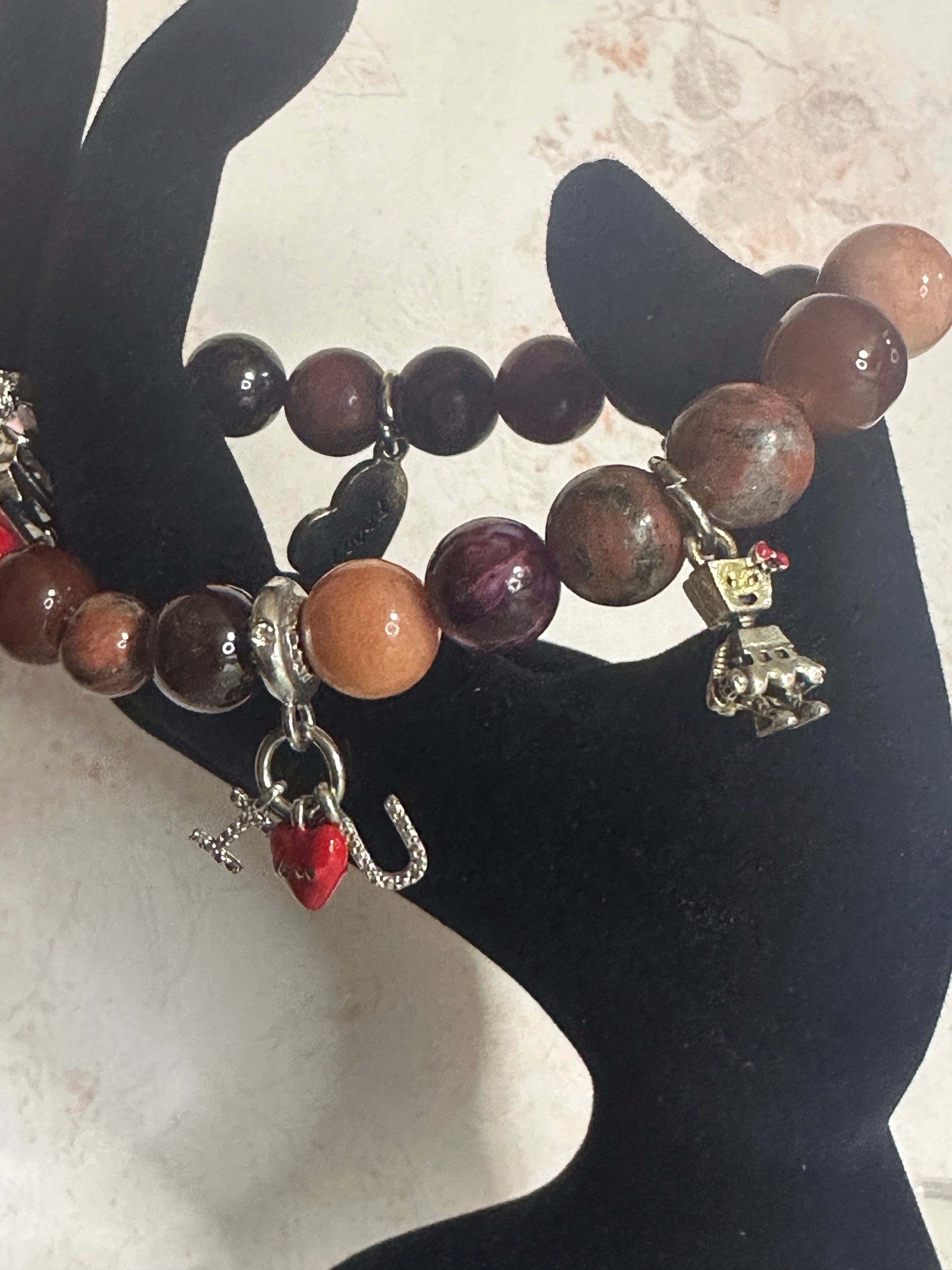 Red and Brown Glass Bead Bracelet with Charms