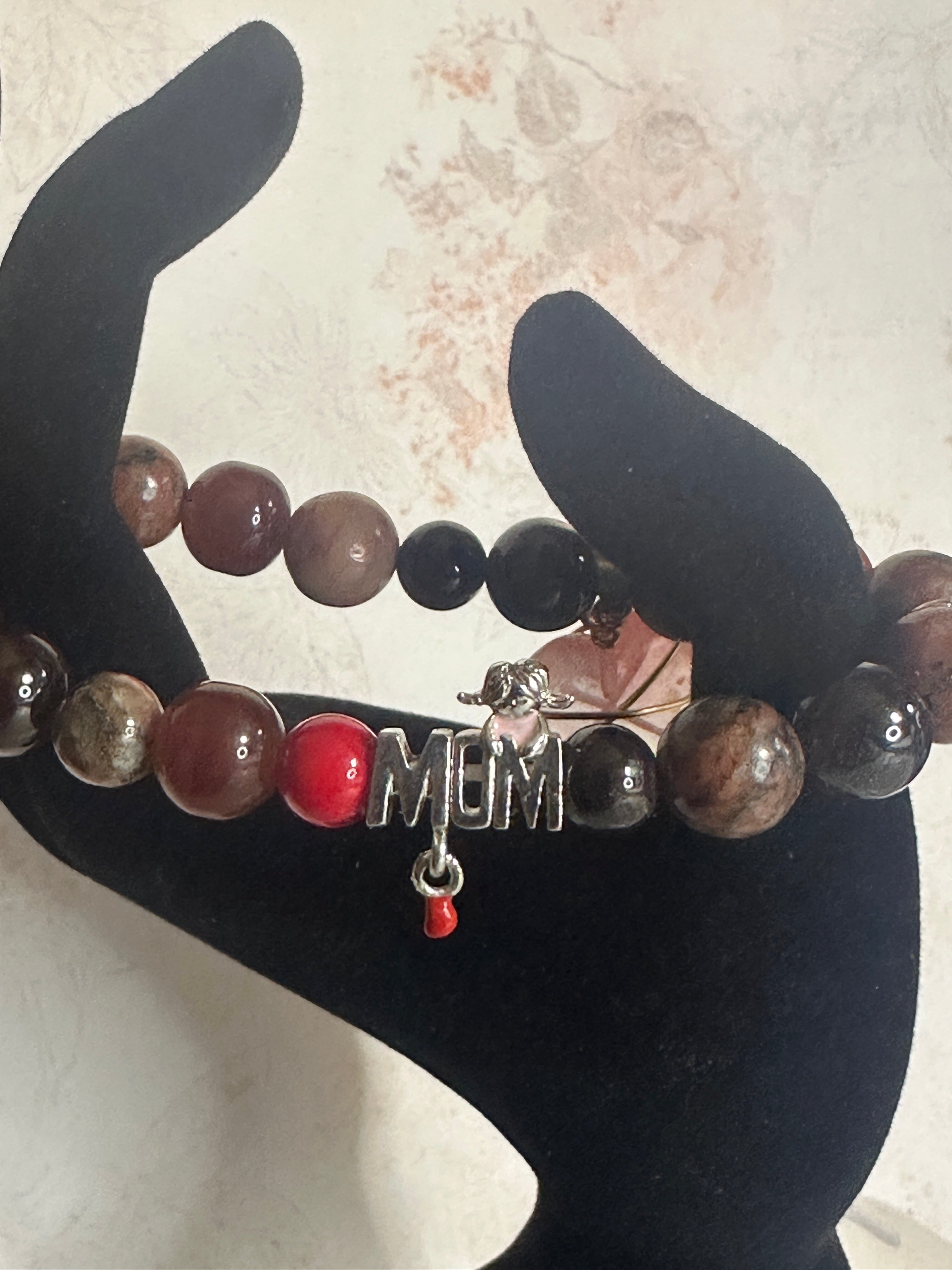 Red and Brown Glass Bead Bracelet with Charms