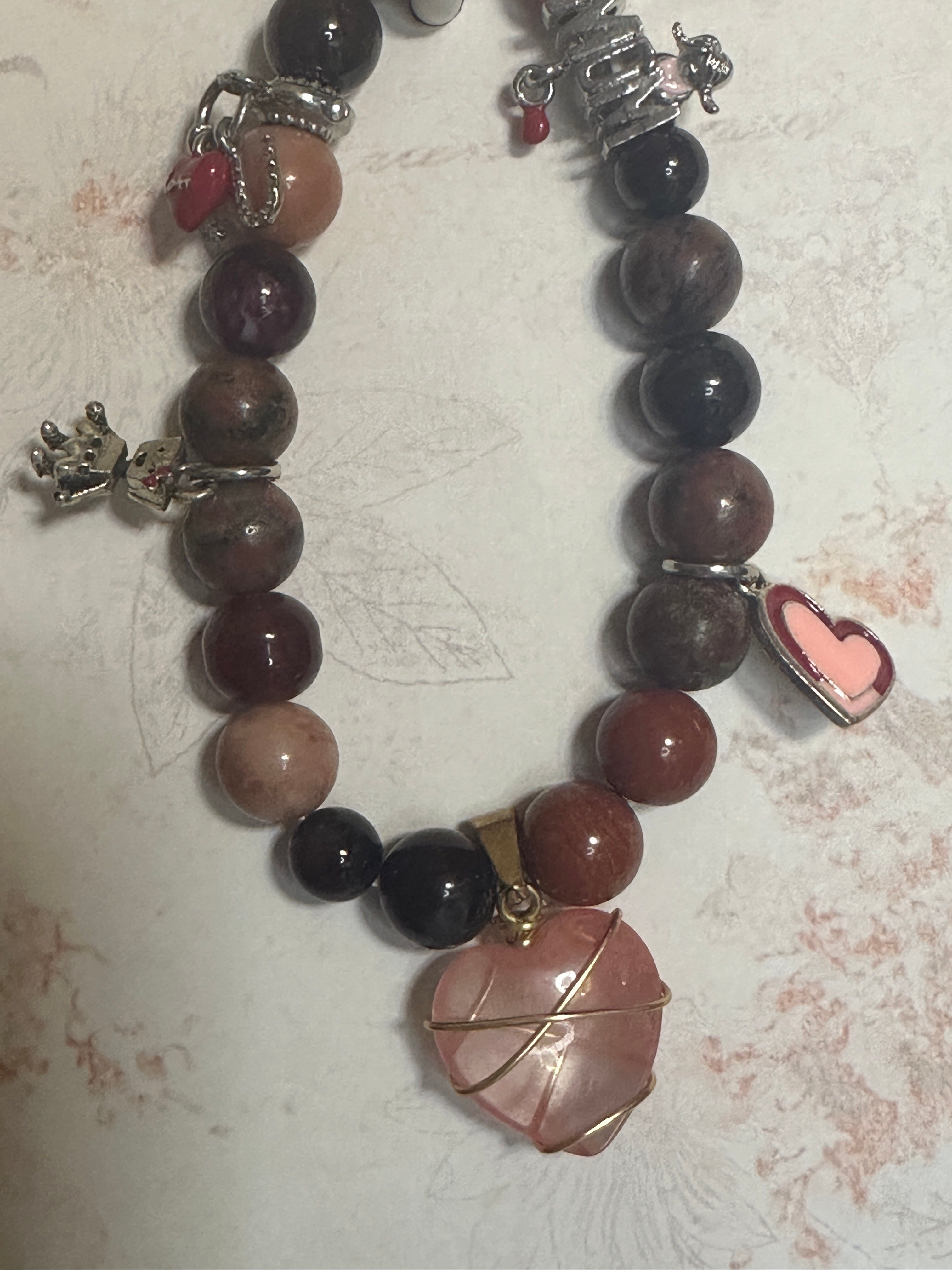 Red and Brown Glass Bead Bracelet with Charms