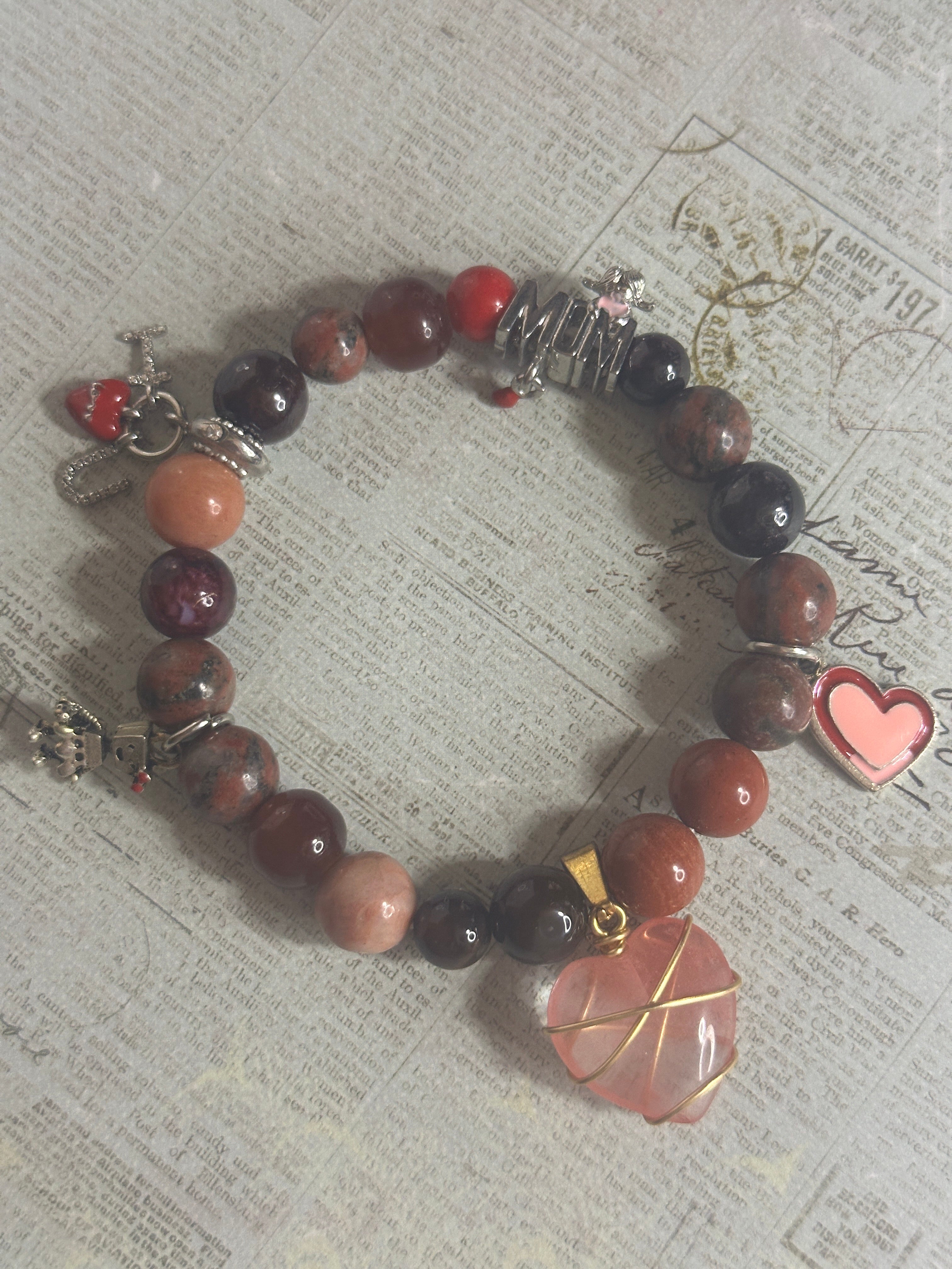 Red and Brown Glass Bead Bracelet with Charms