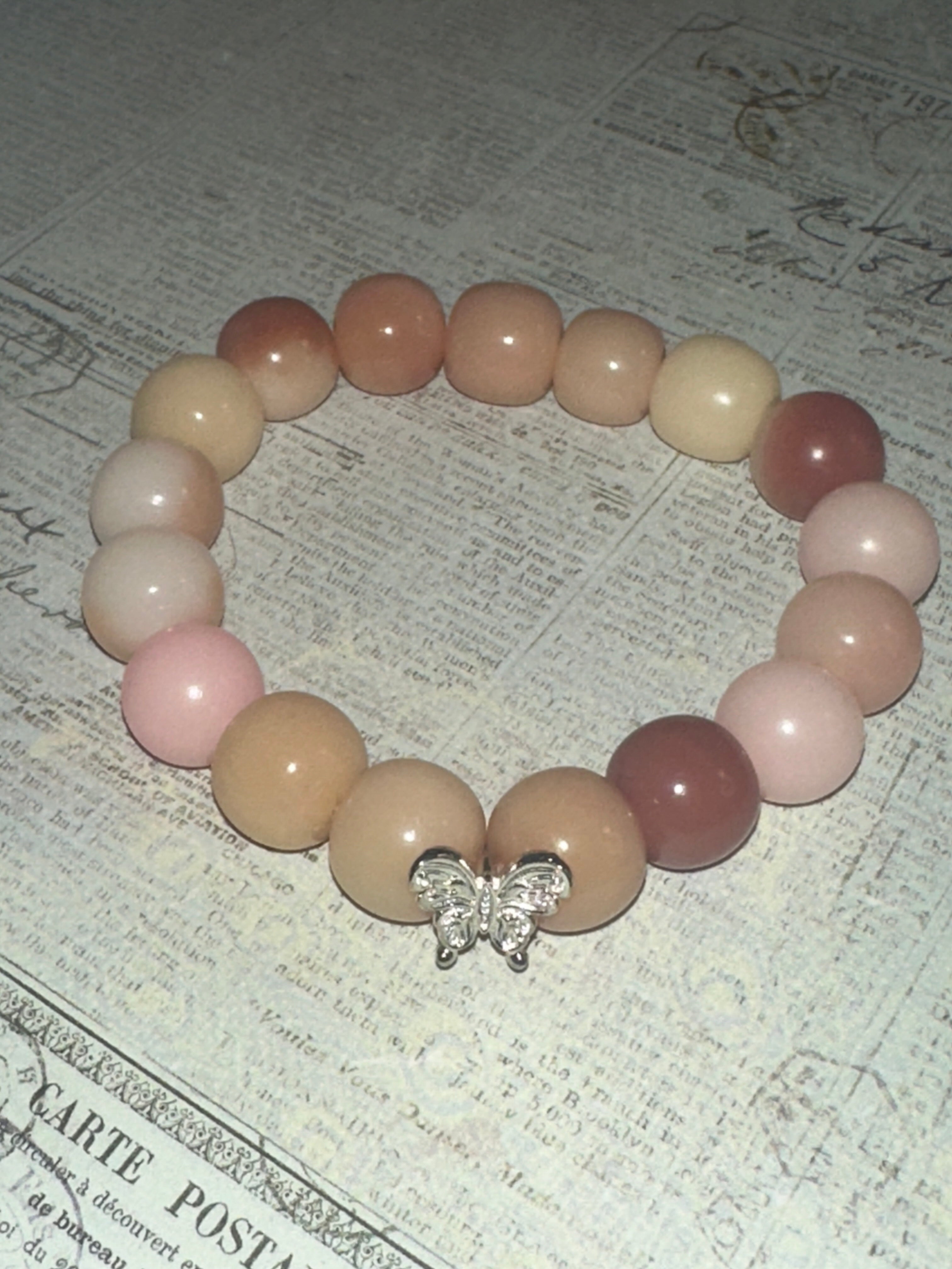 Pink Cream and Brown Round Bodhi Bead with Butterfly Charm