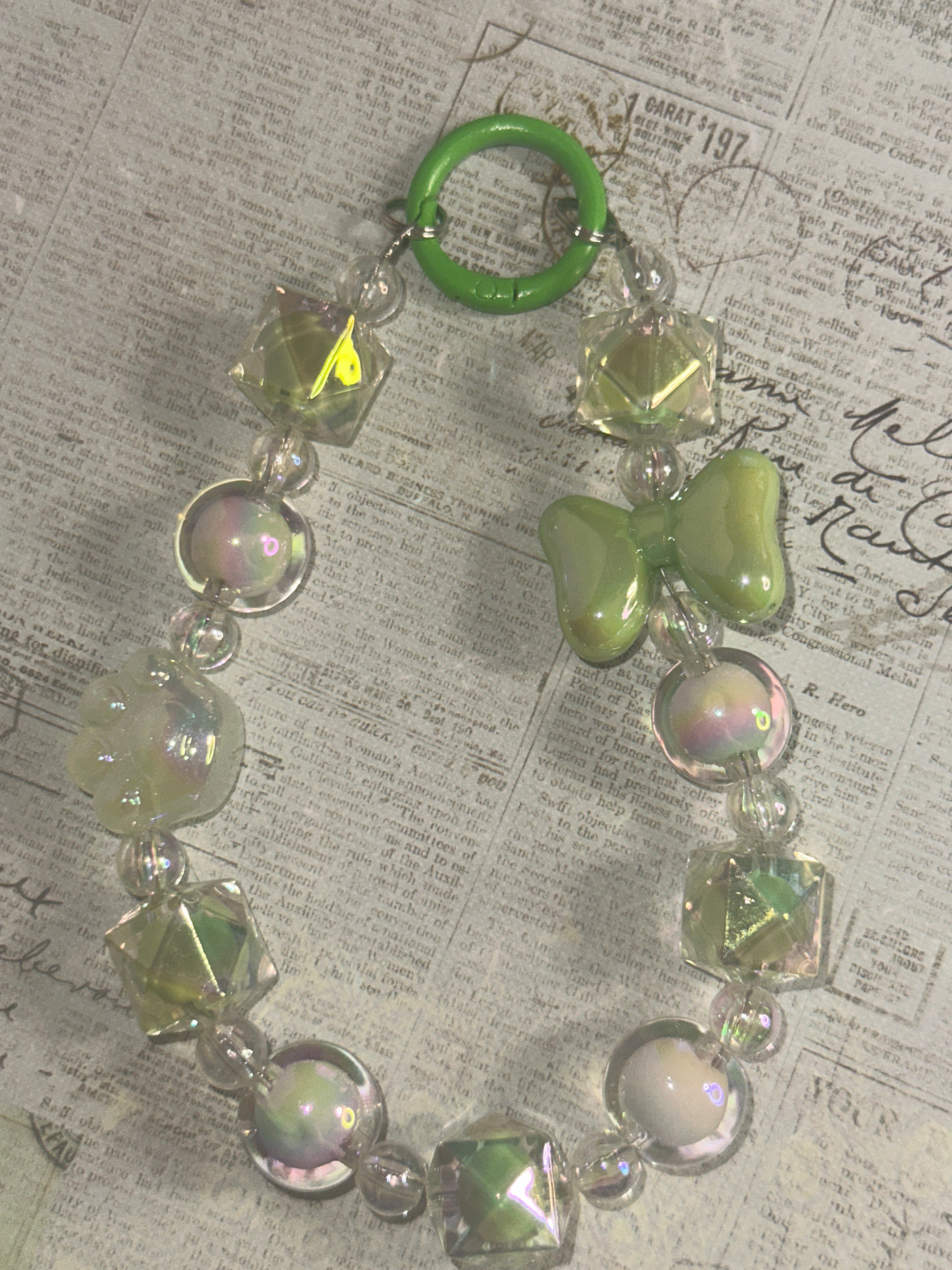 Fancy Clear and Green Acrylic Keychain with Green Bow, Bag Charm, Phone Charm
