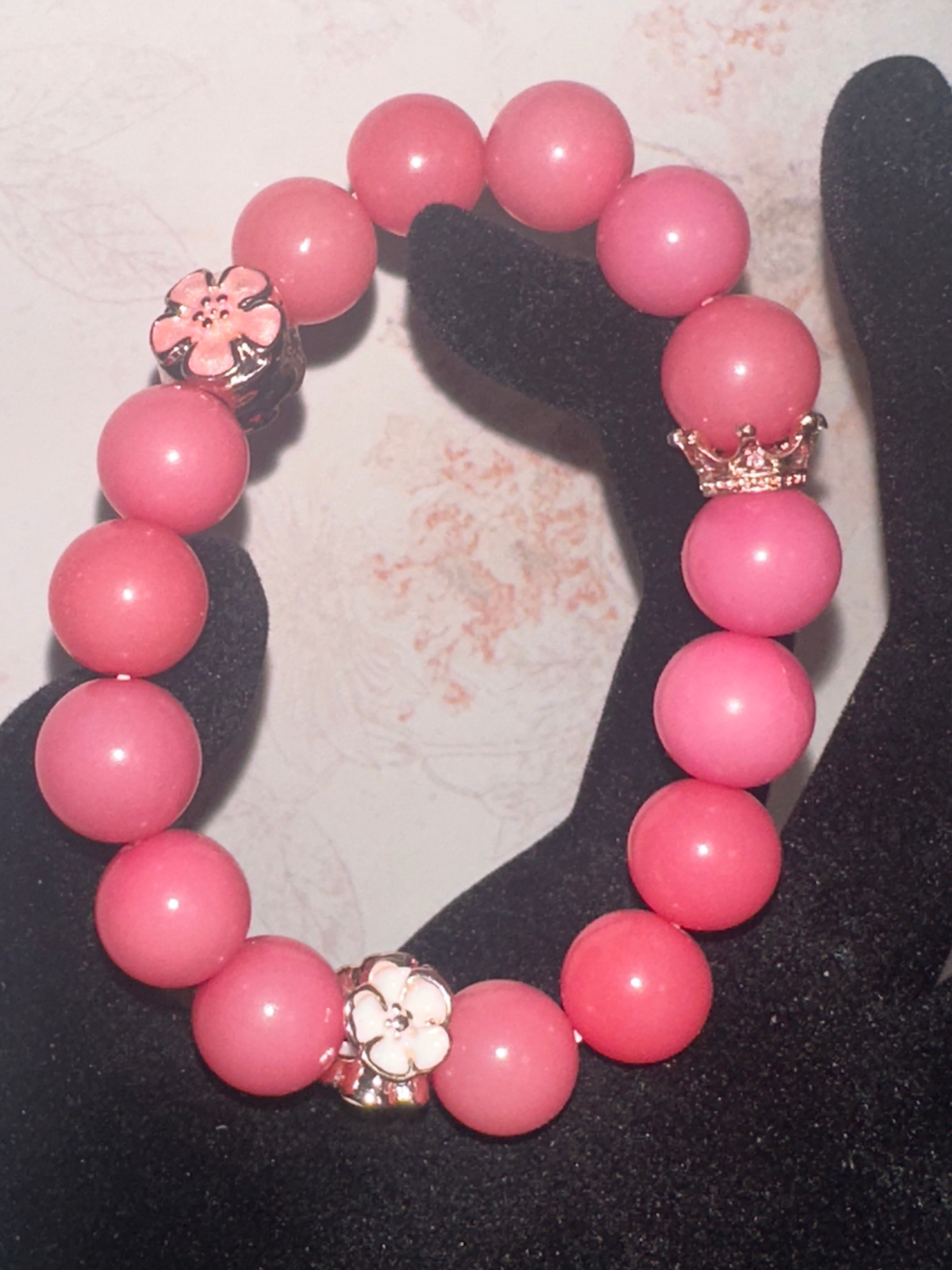 Pink Round Bodhi Bead Bracelet with Rose Gold Charms