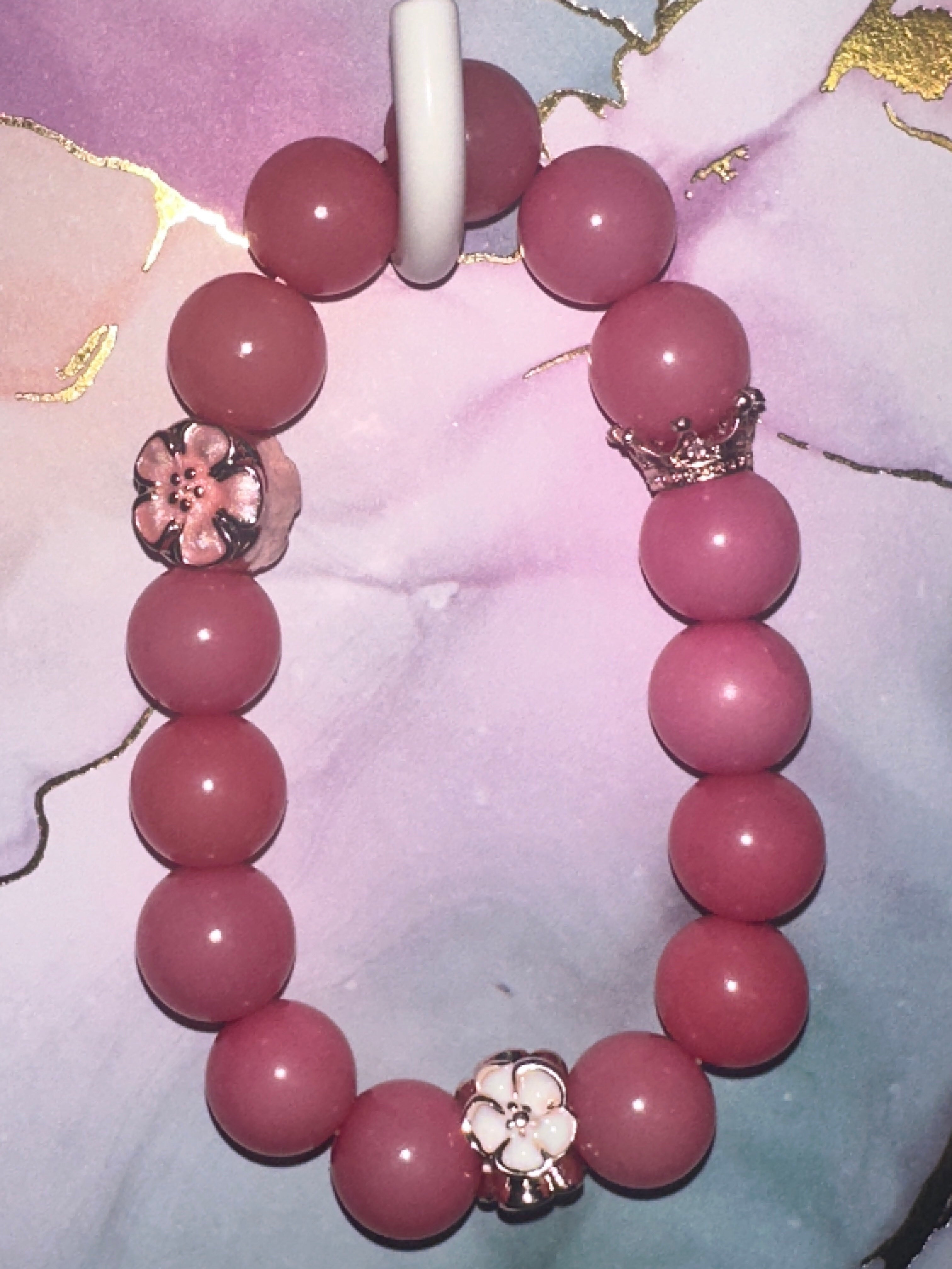 Pink Round Bodhi Bead Bracelet with Rose Gold Charms