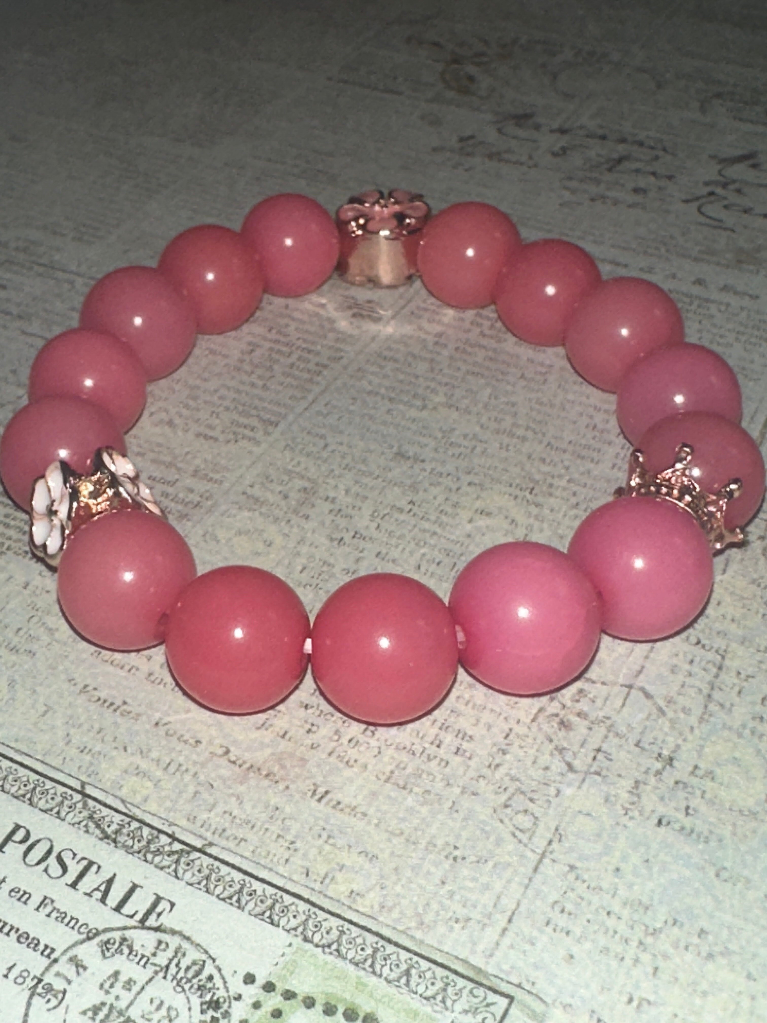 Pink Round Bodhi Bead Bracelet with Rose Gold Charms