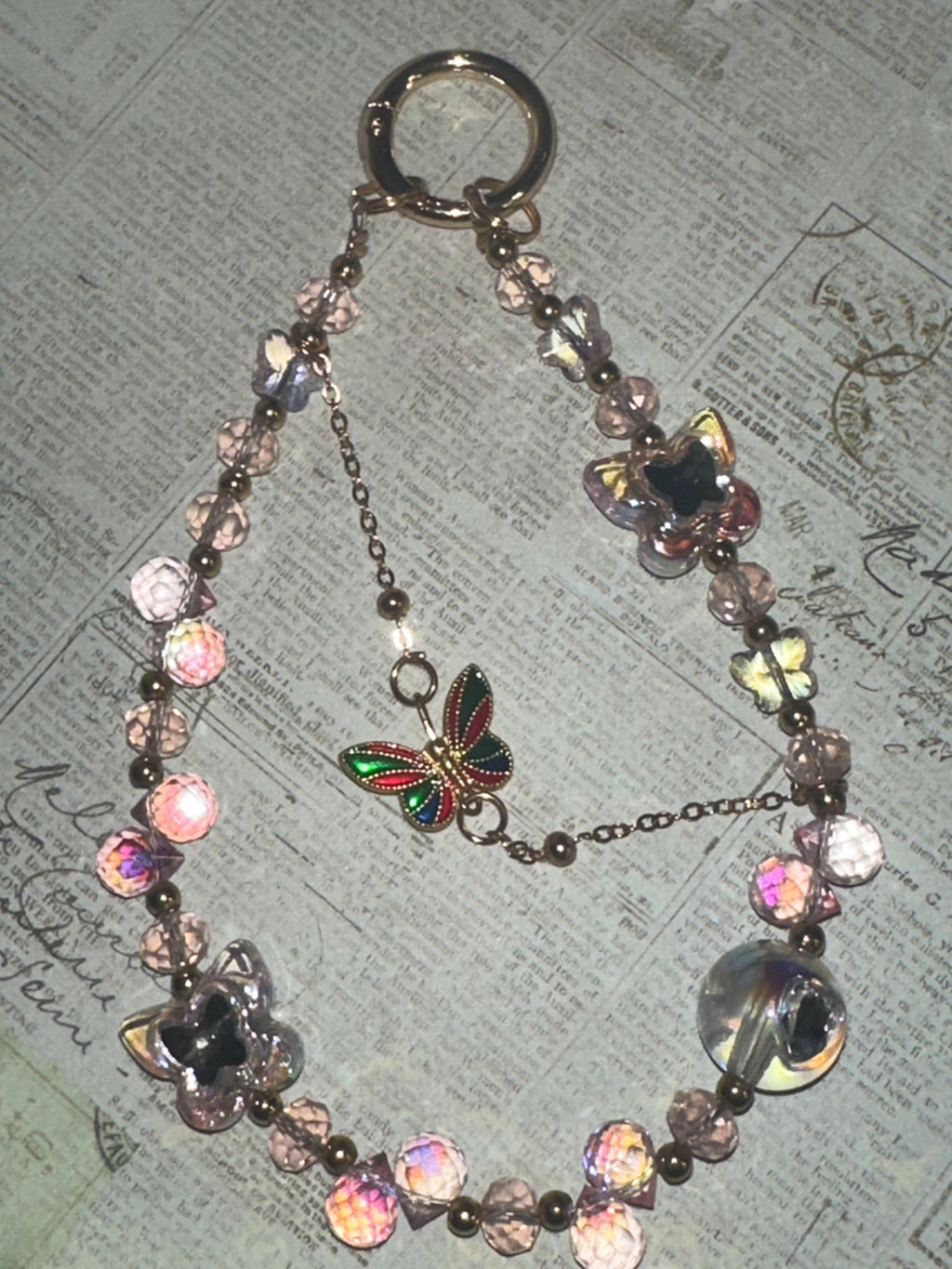 Gold, Pink, and Clear Butterfly Keychain, Bag Charm, Phone Charm