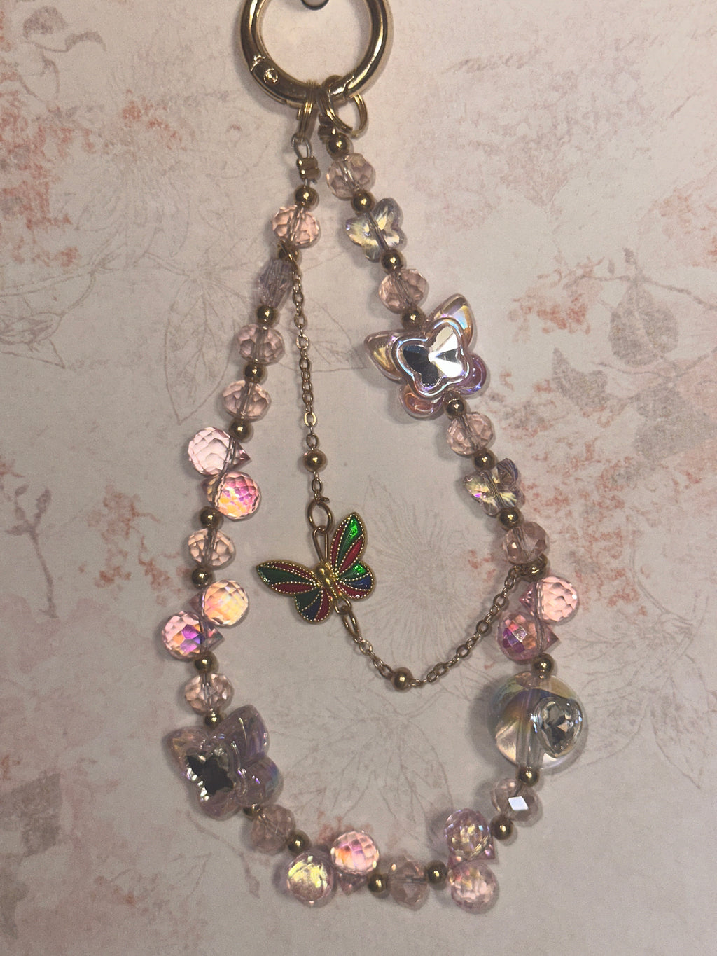 Gold, Pink, and Clear Butterfly Keychain, Bag Charm, Phone Charm