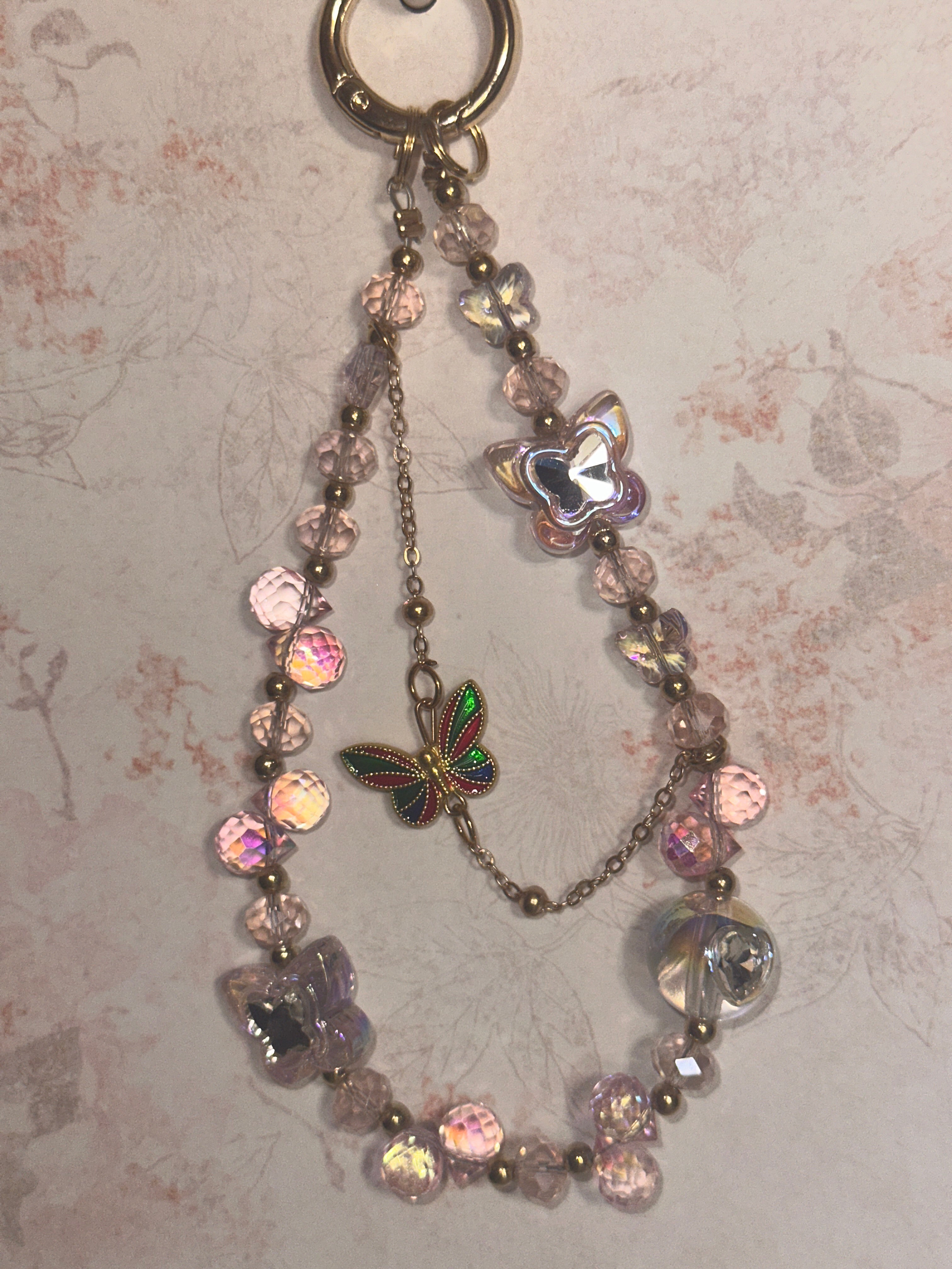 Gold, Pink, and Clear Butterfly Keychain, Bag Charm, Phone Charm