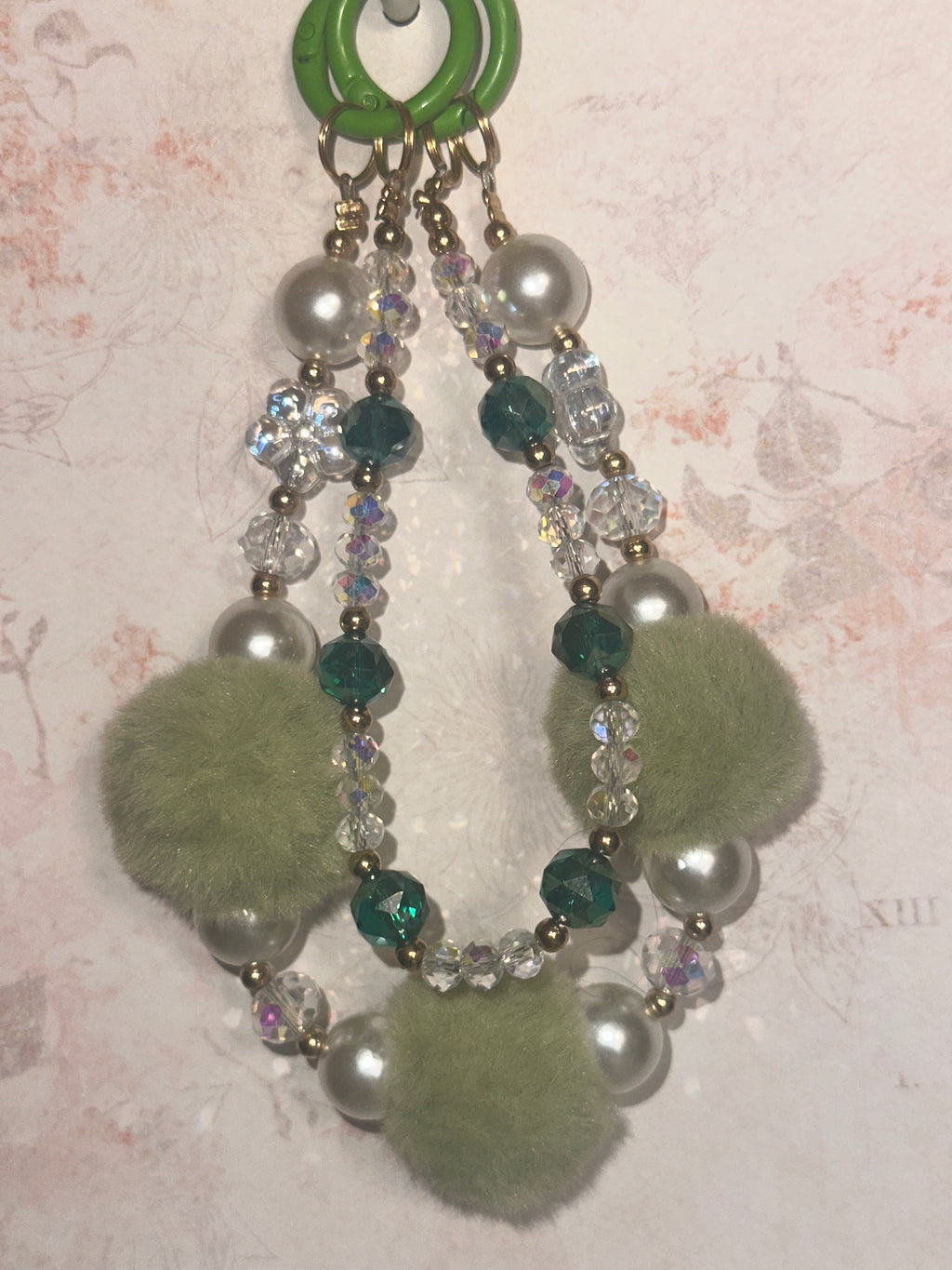 Double Strand Green Fuzzy and Pearl Bead Keychain, Bag Charm, Phone Charm