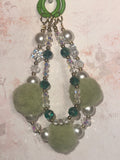 Double Strand Green Fuzzy and Pearl Bead Keychain, Bag Charm, Phone Charm