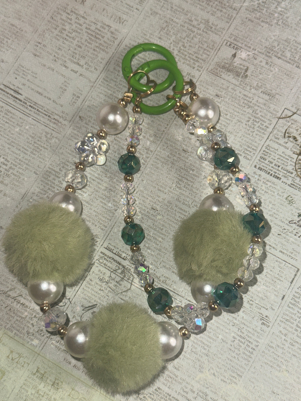Double Strand Green Fuzzy and Pearl Bead Keychain, Bag Charm, Phone Charm