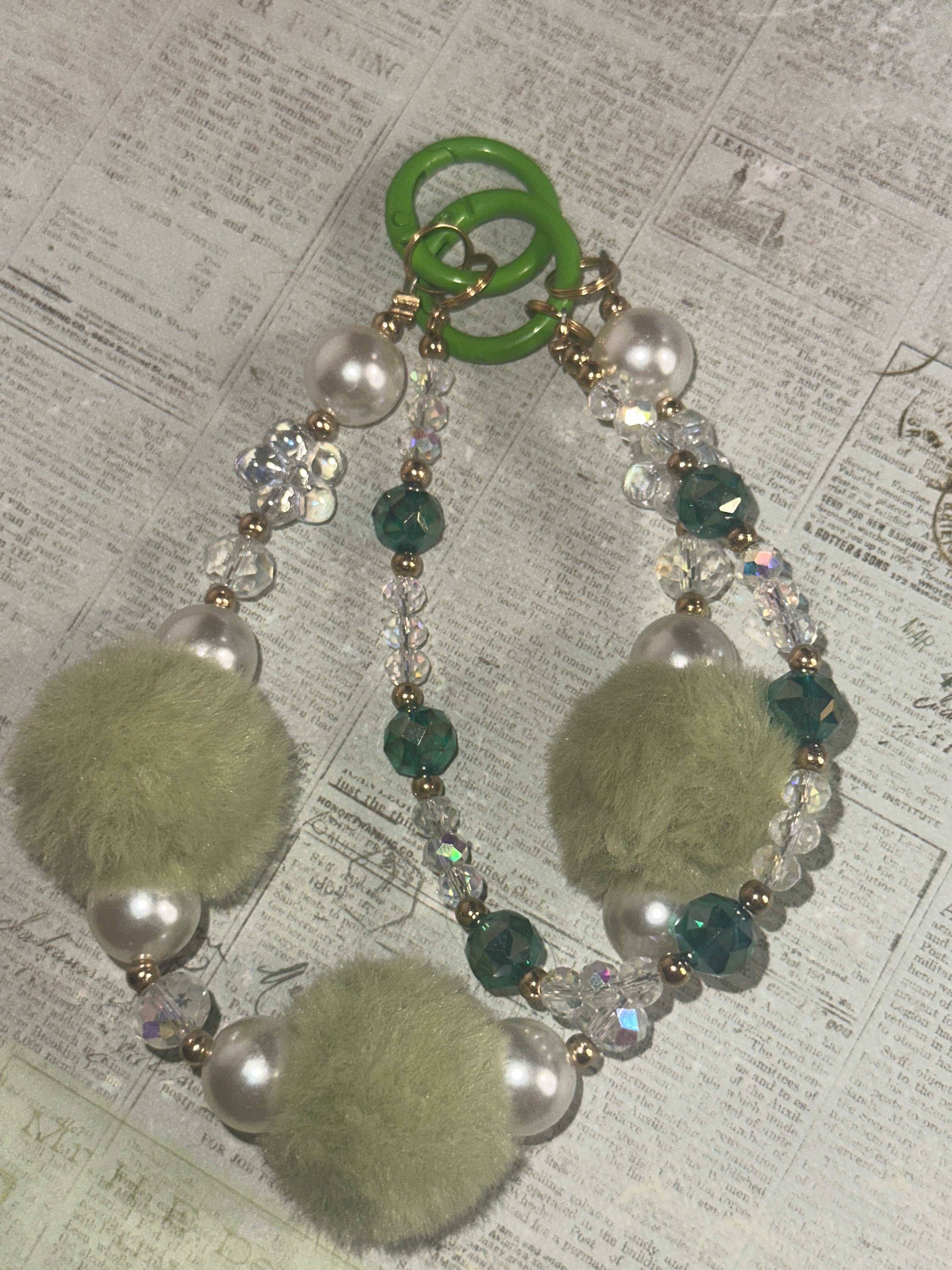 Double Strand Green Fuzzy and Pearl Bead Keychain, Bag Charm, Phone Charm